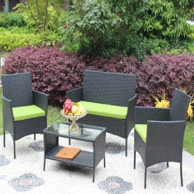 4 PC Rattan Patio Furniture Set Outdoor Patio Cushioned Seat Wicker Sofa (green Cushion)