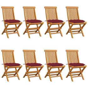 Patio Chairs with Wine Red Cushions 8 pcs Solid Teak Wood