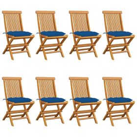 Patio Chairs with Blue Cushions 8 pcs Solid Teak Wood