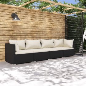 Patio Furniture Set 4 Piece with Cushions Poly Rattan Black (Color: Black)