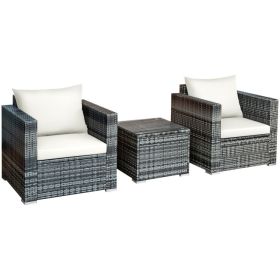 3 Pieces Patio Rattan Furniture Bistro Sofa Set with Cushioned (Color: White)