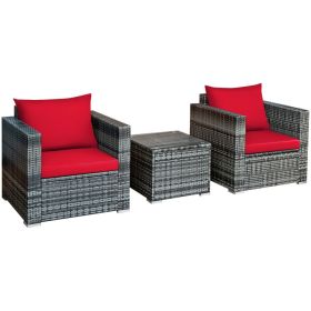 3 Pieces Patio Rattan Furniture Bistro Sofa Set with Cushioned (Color: Red)