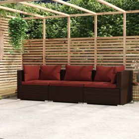 Wicker Patio Furniture 3 Piece with Cushions Brown Poly Rattan (Color: Brown)